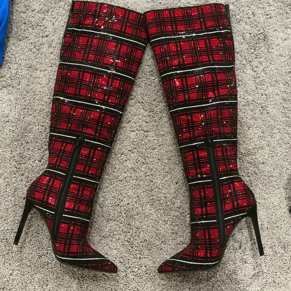 INC International Concepts Red and Black Plaid rhinestone boots OTK Boots